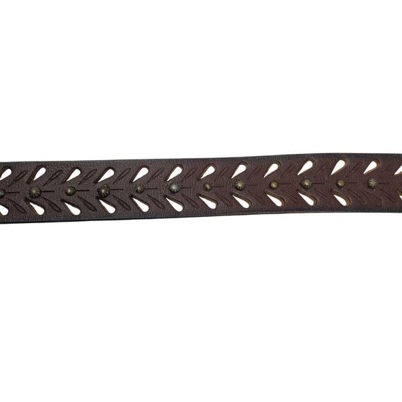 Vintage Chocolate Burnish Genuine Leather Western Belt Brass Cutouts Studded M - Picture 10 of 12